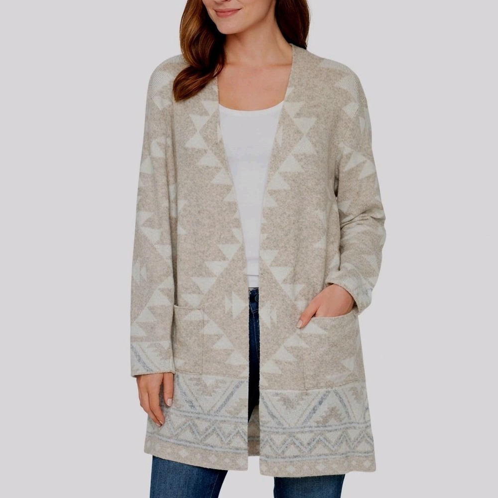 Frye Cardigan XXL Tan White Open Sweater Southwestern Aztec Pockets Cozy New